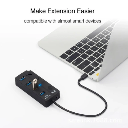 Хаб - концентратор USB3.0 - 4х USB3.0, MOD01 вертикальный с кнопками, активный, черный