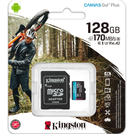 Карта памяти MicroSDXC 128GB Kingston Canvas Go! Plus A2, V30, UHS-I Class 3 (U3), класс 10, SD-адаптер