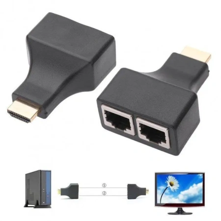 Удлинитель сигнала HDMI по витой паре 2x RJ45 (LAN) до 30 метров, пассивный, комплект, черный