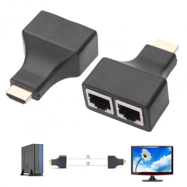 Удлинитель сигнала HDMI по витой паре 2x RJ45 (LAN) до 30 метров, пассивный, комплект, черный