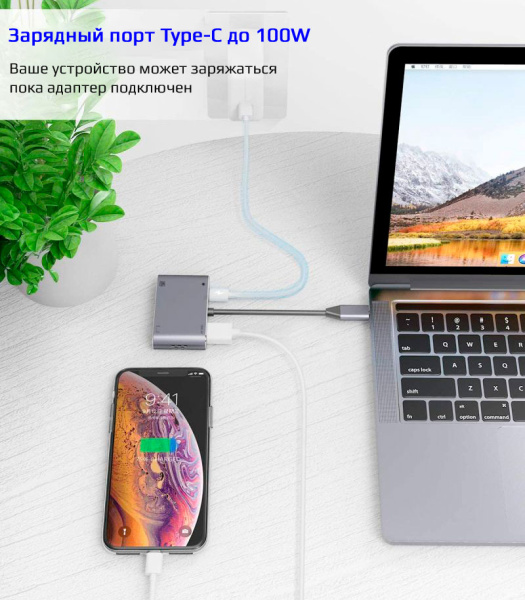 Адаптер - переходник USB3.1 Type-C - HDMI - VGA - USB3.0 - USB3.1 Type-C, серый