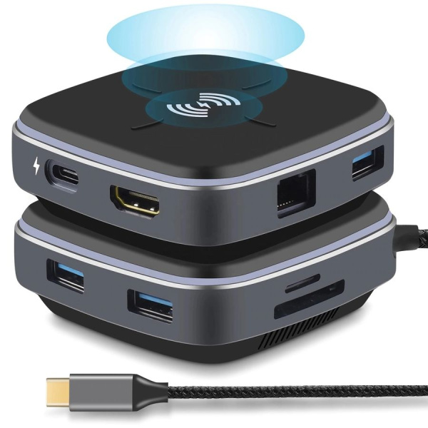 Адаптер - док-станция 9in1 USB3.1 Type-C на RJ45 (LAN) - HDMI 4K - 3x USB3.0 - USB3.1 Type-C - SD/TF - беспроводное ЗУ