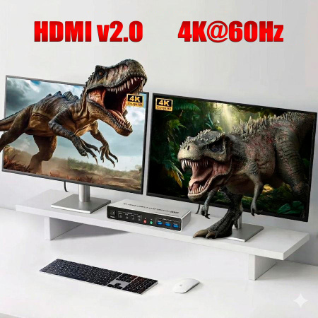 Адаптер - KVM-переключатель 4×2 HDMI v2.0 – 4K 60Гц, USB3.0, jack 3.5 мм + MIC, алюминий