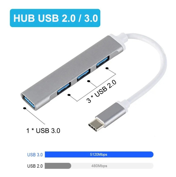Адаптер - переходник - хаб USB3.1 Type-C на USB3.0 - 3x USB2.0, серый