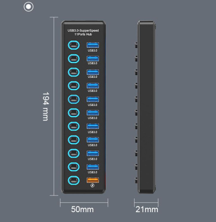 Хаб - концентратор USB3.0 11 портов mod. 611-7/4, до 5 Гбит/с, активный 12V3A с кнопками, быстрая зарядка, ABS-пластик