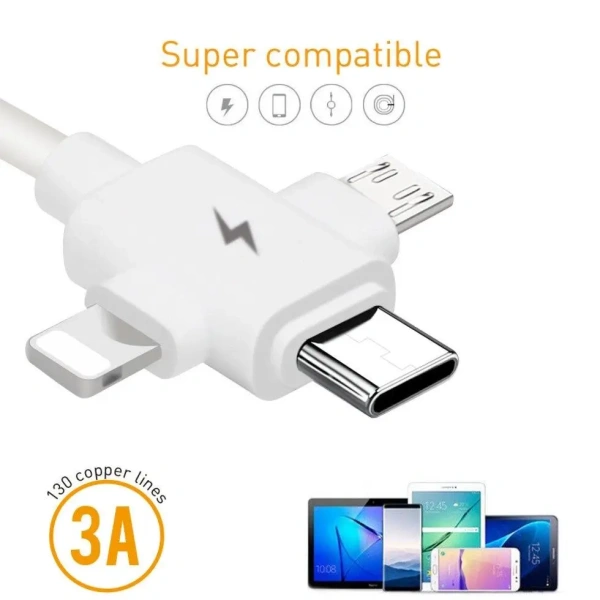 Универсальный зарядный кабель 3-в-1 USB Type-C - Lightning - MicroUSB, 3.1А, 1 метр, белый