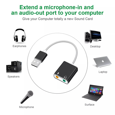 Звуковой адаптер - внешняя звуковая карта USB Hi-Fi 3D 2.1/7.1-канальная, кабель, черный