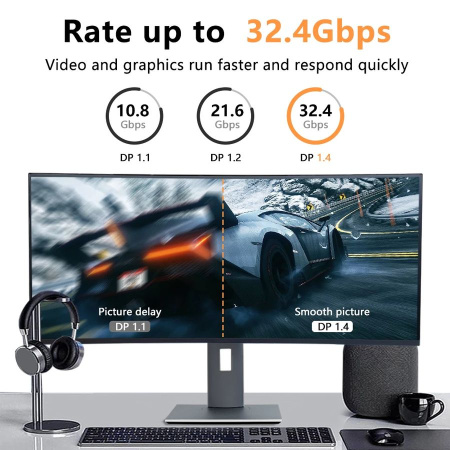 Кабель DisplayPort - DisplayPort, UltraHD 4K 144Hz, папа-папа, 3 метра, черный