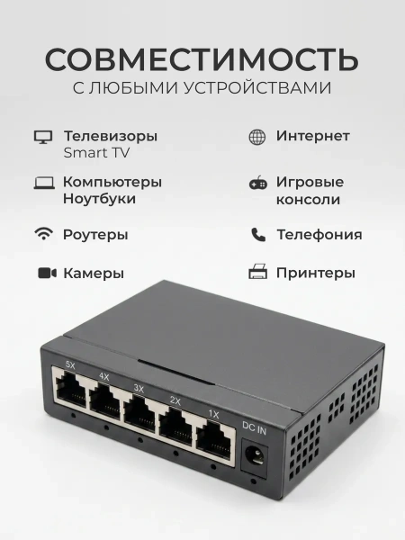 Сетевой свитч – LAN разветвитель – хаб RJ45 на 5 портов, 10/100/1000 Мбит/с, металлический корпус, черный