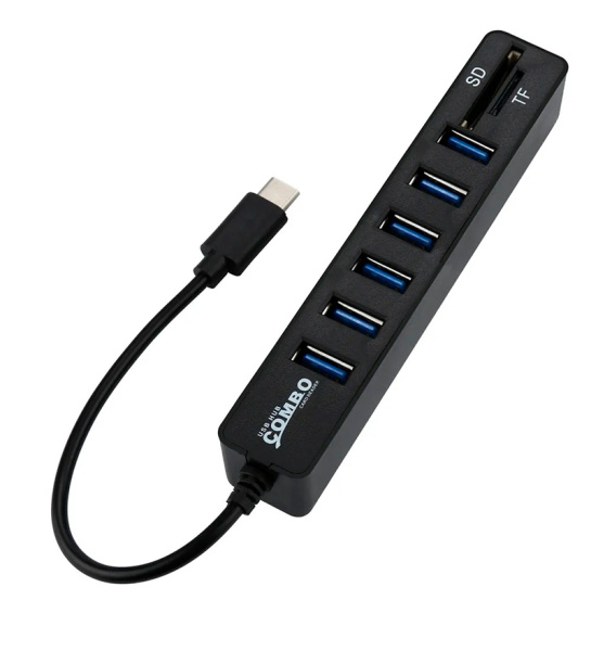 Хаб - концентратор USB-С 3.1 - 6х USB3.0, вертикальный, картридер SD / TF, черный