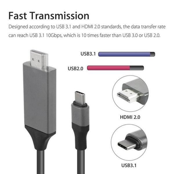 Кабель USB3.1 Type-C - HDMI, UltraHD 4K, 2 метра, черный
