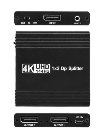 Сплиттер - разветвитель 1×2 DisplayPort v1.4 – 4K 144Гц, 32.4 Гбит/с, MST, jack 3.5мм, алюминий