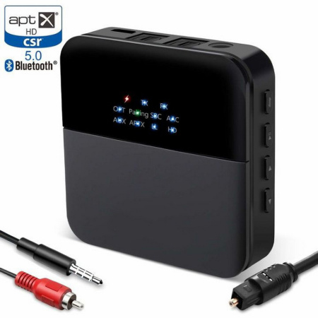 Универсальный аудио адаптер RX/TX Bluetooth v5.0 - оптика (Toslink/SPDIF) - jack 3.5mm (AUX), черный