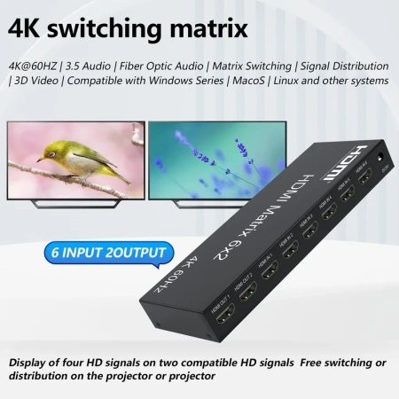Матричный коммутатор - свитч-сплиттер 6×2 HDMI PRO, 4K 60HZ, оптика (Toslink/SPDIF), jack 3.5mm (AUX), EDID, пульт, черный