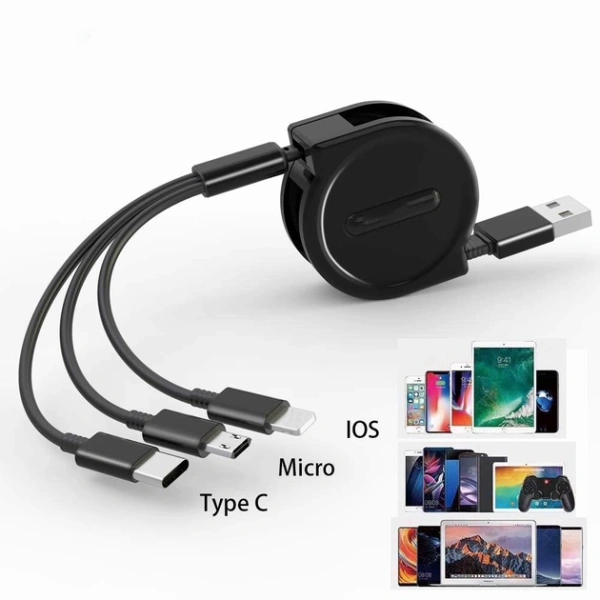 Универсальный зарядный кабель 3-в-1 USB Type-C - Lightning - MicroUSB с боксом для скрутки, 2А, 1 метр, черный