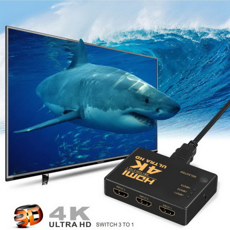 Адаптер - переключатель - свитч 3×1 HDMI, UltraHD 4K 3D, пульт, внешний ИК-датчик, активный, черный
