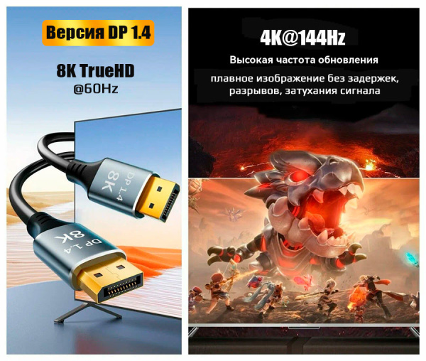 Кабель DisplayPort v1.4 (DP1.4) - 8K 60Гц / 4K 144Гц / 2K 165Гц, поддержка HDR, 32.4 Гбит/с, 1,5 метра