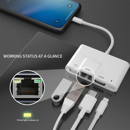Адаптер - переходник Lightning на HDMI 1080p - LAN (RJ45 до 1000Мбит/с) - USB3.0 - Lightning (уценка)