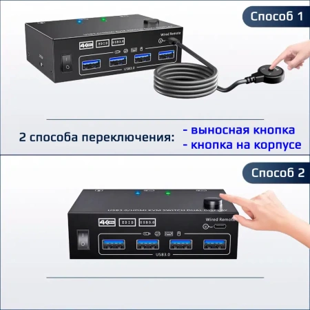 KVM-переключатель 2х2 HDMI 2.0 4K60Гц USB3.0, для двух мониторов, удлинитель кнопки переключения 1.5м, черный