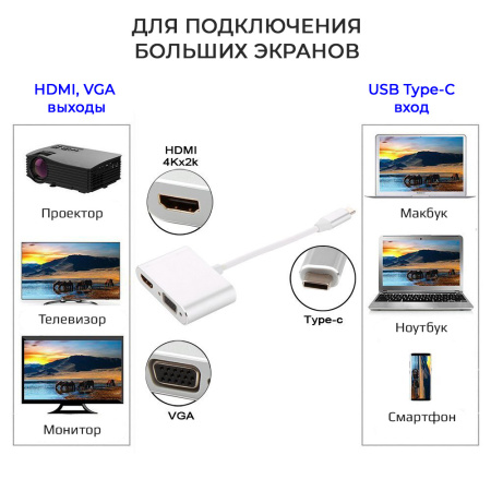 Адаптер - переходник USB3.1 Type-C - HDMI - VGA, серебро