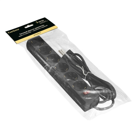 Сетевой фильтр ExeGate SP-6-3B, защита от перегрузки, выключатель с подсветкой, черный