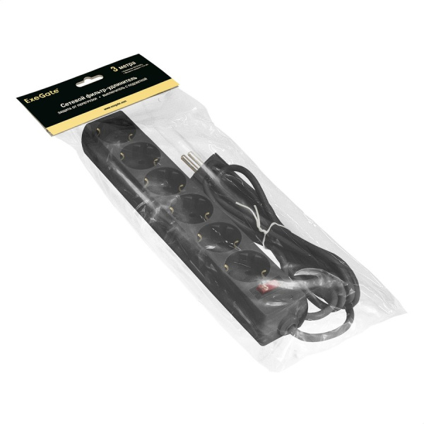 Сетевой фильтр ExeGate SP-6-3B, защита от перегрузки, выключатель с подсветкой, черный