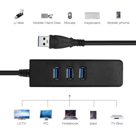 Адаптер - переходник - хаб USB3.0 - 3x USB3.0 - RJ45 (LAN) до 1000 Мбит/с, черный