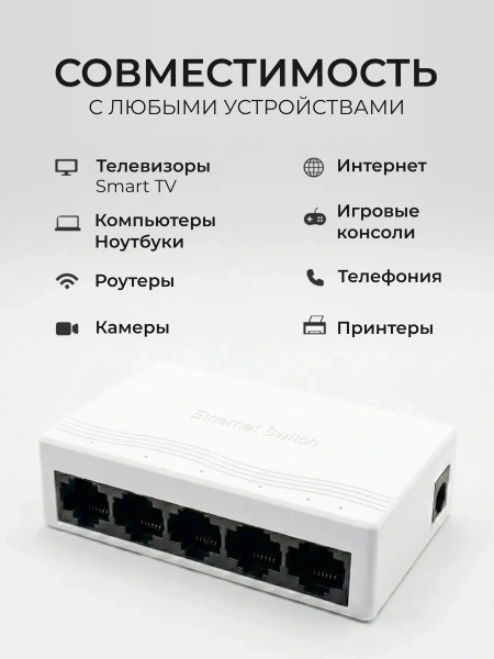 Сетевой свитч – LAN разветвитель – хаб RJ45 на 5 портов, 10/100/1000 Мбит/с, белый