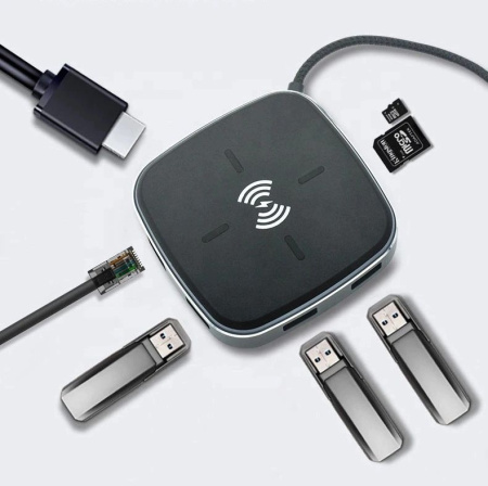 Адаптер - док-станция 9in1 USB3.1 Type-C на RJ45 (LAN) - HDMI 4K - 3x USB3.0 - USB3.1 Type-C - SD/TF - беспроводное ЗУ