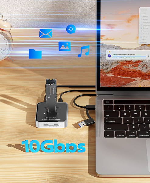 Док-станция для M.2 SSD SD09 – 2 слота NVMe / SATA (NGFF), USB3.0 - USB3.2 Type-C, 10 Гбит/с, до 16 ТБ (8 ТБ x 2), алюминий