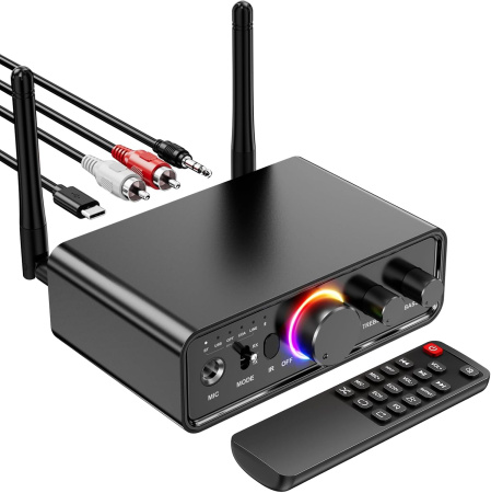 Аудио адаптер Hi-Fi M18 Bluetooth v5.3 (TX/RX) - оптика (Toslink/SPDIF) / AUX 3.5мм / RCA / USB, функция караоке (MIC 6,35мм), регулировка звука, тембра и громкости микрофона, пульт ДУ