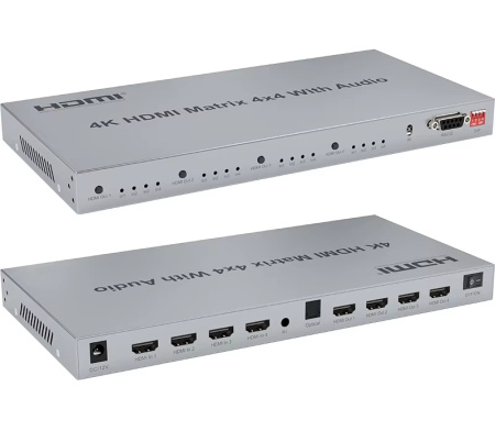 Матричный коммутатор - свитч-сплиттер 4×4 HDMI 4K60Гц PRO, jack 3.5mm, SPDIF/Toslink, RS232, EDID, пульт ДУ