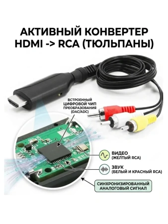 Кабель - переходник HDMI на RCA (AV) ver.03, черный