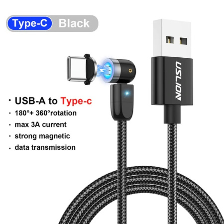 Поворотный зарядный магнитный USB кабель USLION, 1м, черный